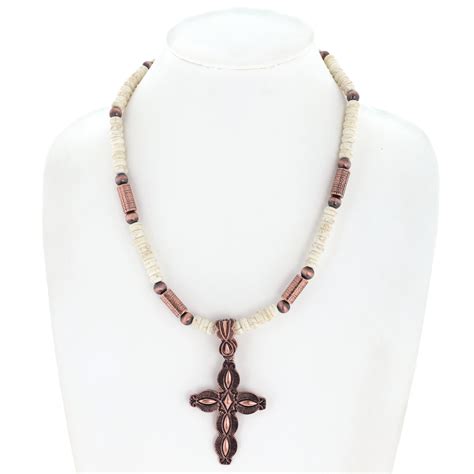 N8171 CBWHT WESTERN STYLE NAVAJO PEARL BEADED TURQUOISE CROSS NECKLACE