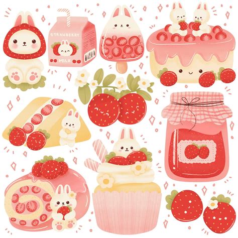 Strawberry Rabbit Clipart Food Stickers Kawaii Stickers Cute Stickers Cute Doodle Art Cute