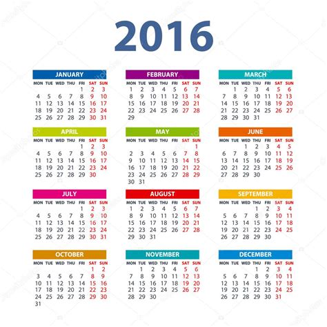 2016 Calendario Ilustración Vector De Diseño De Color Vector De Stock