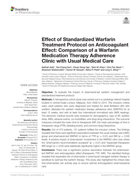 Flow chart 43 iv 1.0 introduction haemophilia medication therapy adherence clinic (hmtac) is a service to assist physicians in the management of haemophilia patients on factor concentrates therapy. (PDF) Effect of Standardized Warfarin Treatment Protocol ...