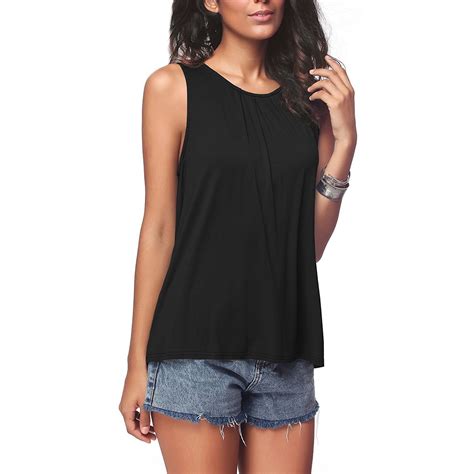 Womens Summer Sleeveless Pleated Casual Cotton Crew Neck Sleeveless T