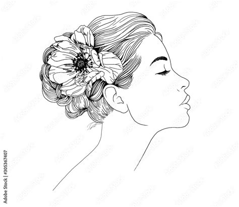 Graphic Illustration Profile Of A Beautiful Young Girl With A Flower In Her Hair Stock