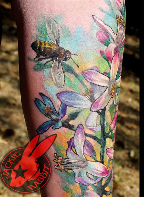 Honey Bee Blossom Flowers Color Realistic 3d Tattoo By Jackie Rabbit