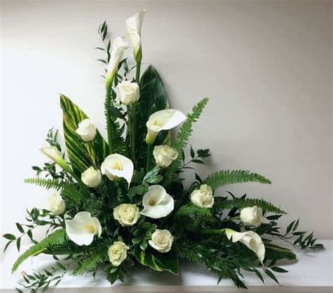 White Calla Lilies And Roses Modern Sympathy Arrangement By Twin