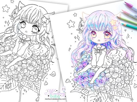 Fox Chibi Girl On Hydrangea Coloring Page Cute Anime