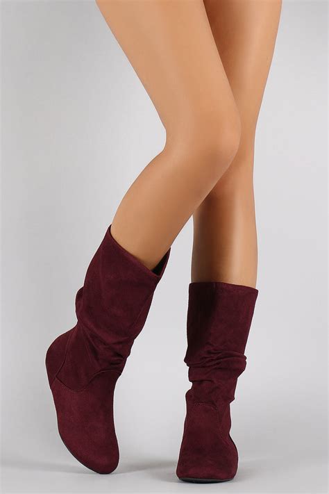 soda suede slouchy round toe mid calf flat boots shoe heaven