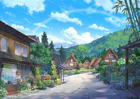Download 1920x1357 Anime Landscape Houses Scenic Clouds
