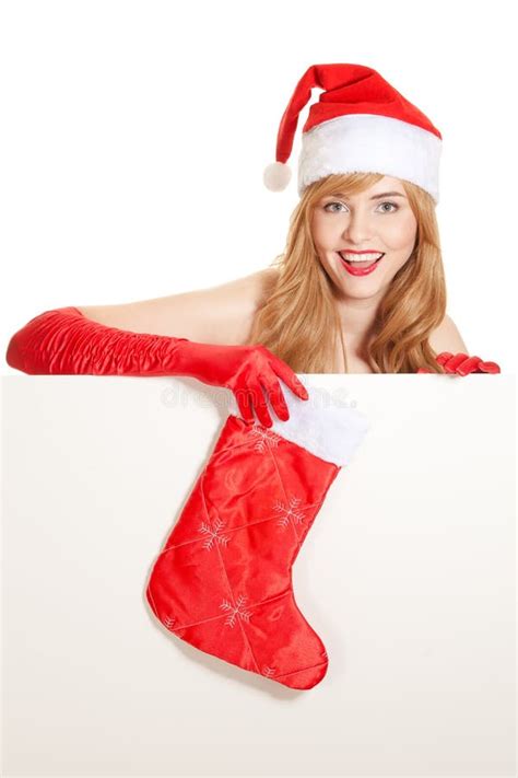 Xmas Woman Holding Christmas Stocking Stock Image Image Of Santa