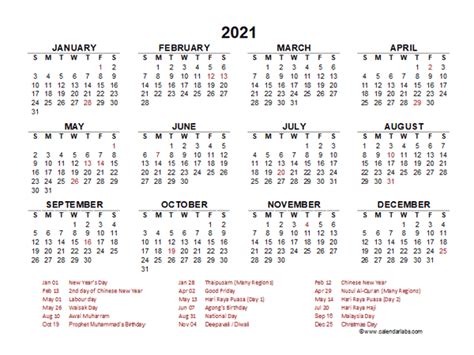 2021 Year At A Glance Calendar With Malaysia Holidays Free Printable