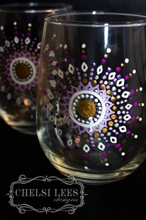 Custom Color Medallion Hand Painted Stemless Wine Glass Qty Etsy Wine And Paint Night Wine