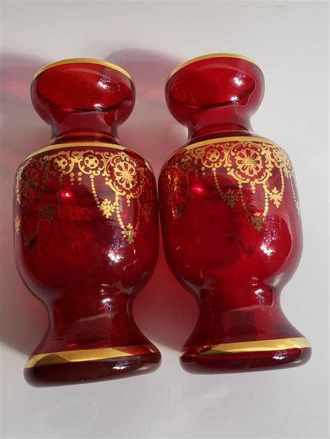 Red Glass Vases 2 With Gold Trim Venetian Glass Bud Etsy