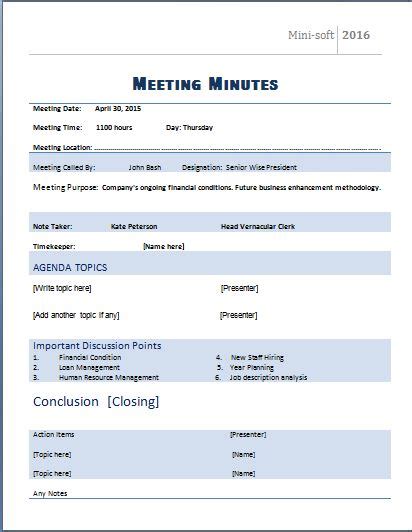 MS Word Formal Meeting Minutes Template Word Excel Templates