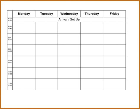 Monday To Friday Schedule Template Example Calendar Printable