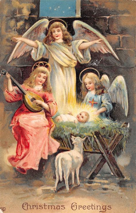 Victorian Christmas~angel Girls In Stable~nativity Scene~lamb~embossed