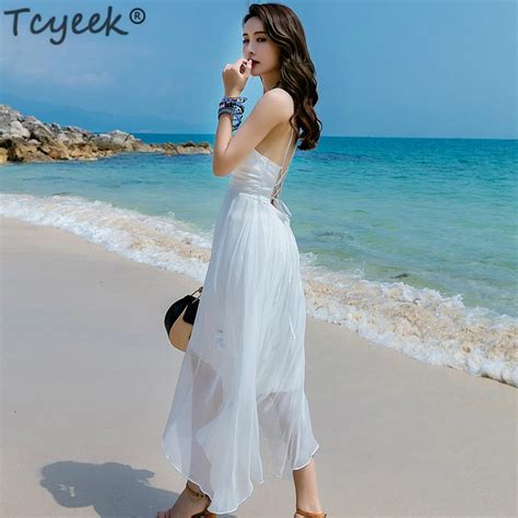 Tcyeek Summer Dress Women Long Boho White Dress Silk Backless Vestidos Sexy Beach Party Dresses