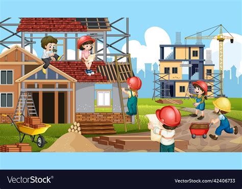 Cartoon Scene Of Building Construction Site Vector Image
