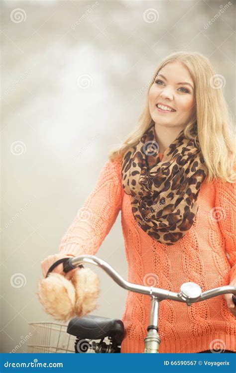 Happy Woman With Bike Bicycle In Autumn Park Stock Image Image Of Park Cycling 66590567