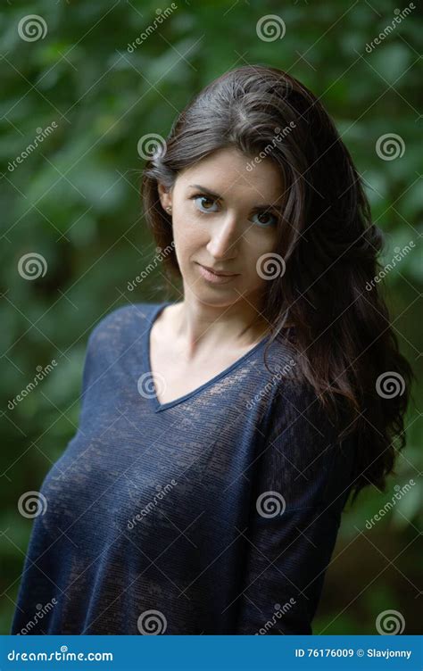 Beautiful Brunette On A Background Of Foliage Stock Image Image Of Forest Lady 76176009