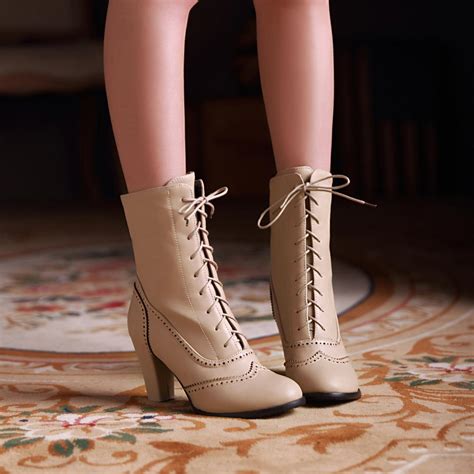 Platform Thick With Low Heel Round Toe Lace Up Mid Calf Pu Leather