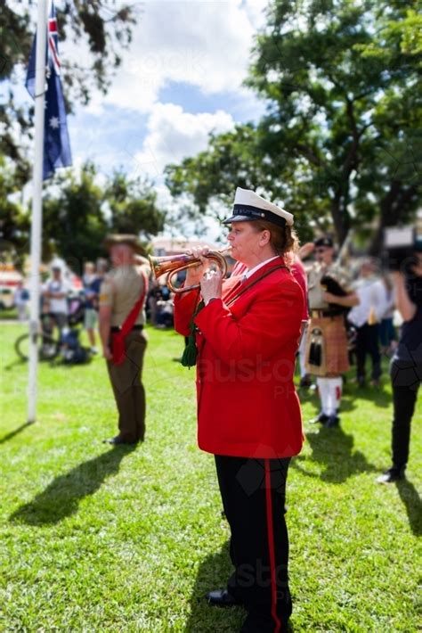 Image Of Bugle Player Playing At Anzac Day Memorial Service Austockphoto