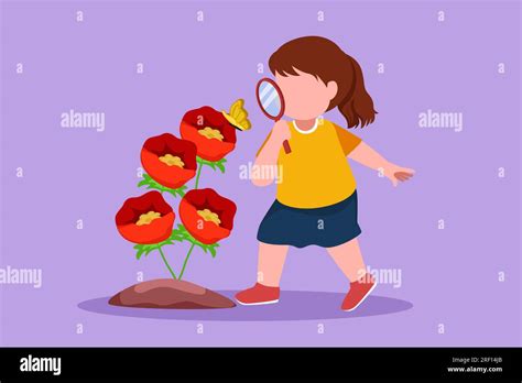Graphic Flat Design Drawing Adorable Little Girl Using Magnifying Glass