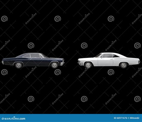 Black And White Muscle Cars On Black Side View Stock Photo Image Of