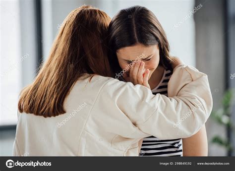 Teen Girl Supporting Sad Crying Friend Striped Shirt — Stock Photo