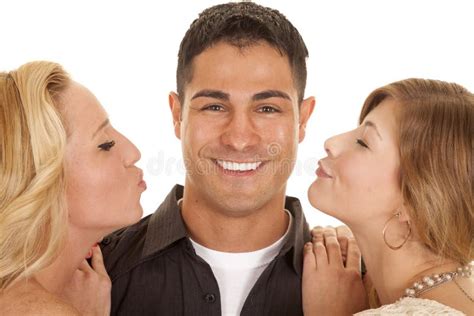 Two Women Ready To Kiss Man Close Big Smile Stock Photo Image Of Intimacy Attractive