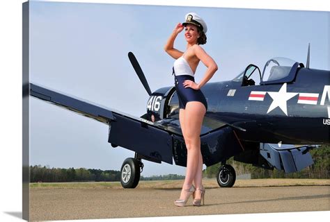 S Style Navy Pin Up Girl Posing With A Vintage Corsair Aircraft Wall Art Canvas Prints