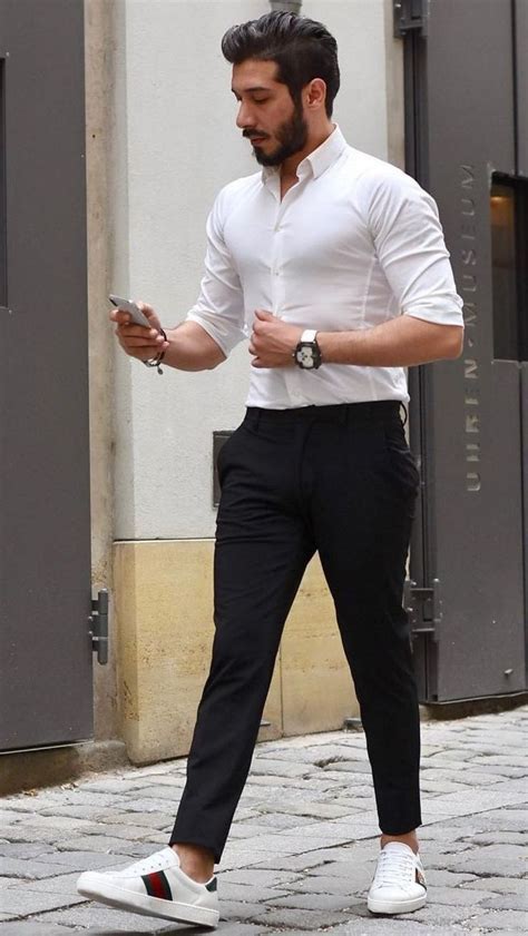 Stylish Long Sleeve White Shirt And Chinos Black Pant Mens Pants Fashion