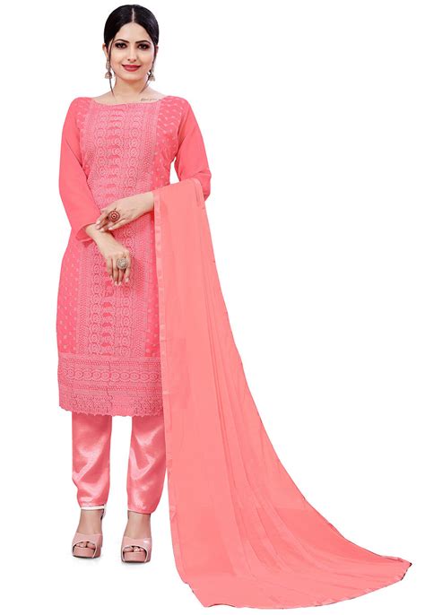 Embroidered Faux Georgette Pakistani Suit In Peach Kye1989