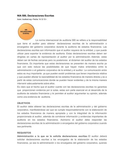 Nia 580 Declaraciones Escritas Colegio De Auditores De Bolivia