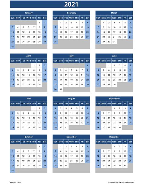 Download 2021 Yearly Calendar Sun Start Excel Template Exceldatapro