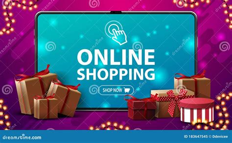 Online Shopping Modern Banner With A Large Volume Tablet With Presents