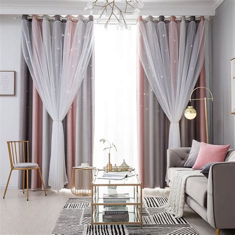 2 Layer Blackout Sheer Curtains Starry Hollow Out Stars Curtain Room