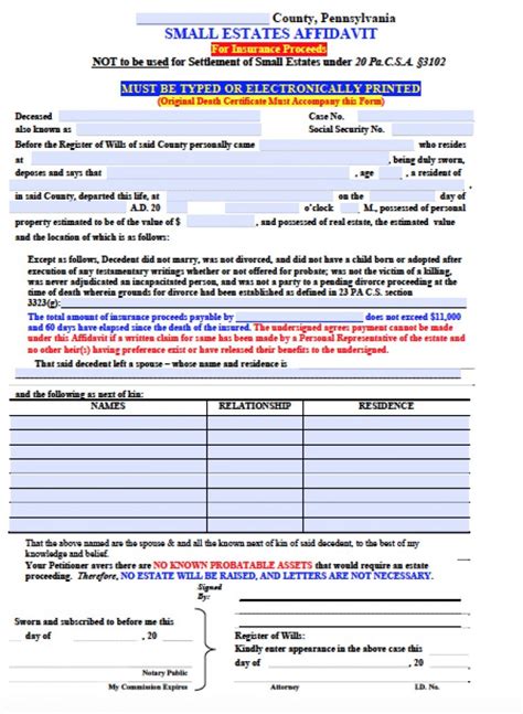 Free Pennsylvania Small Estate Affidavit Form PDF Word