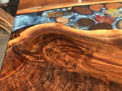 9ft Walnut Live Edge River Table With Stone And Leaves Etsy Canada