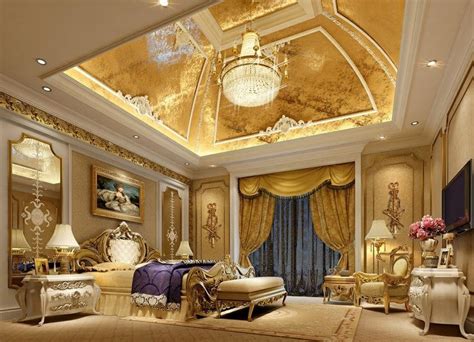 An Elegant Bedroom With Gold Decor And Chandeliers On The Ceiling