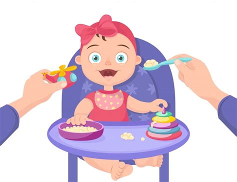 Alimentando O Bebê Com Comida Para Bebê Vetor Premium