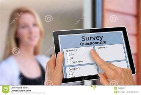 Girl Answering Survey Questionnaire Interview On Tablet Stock Image