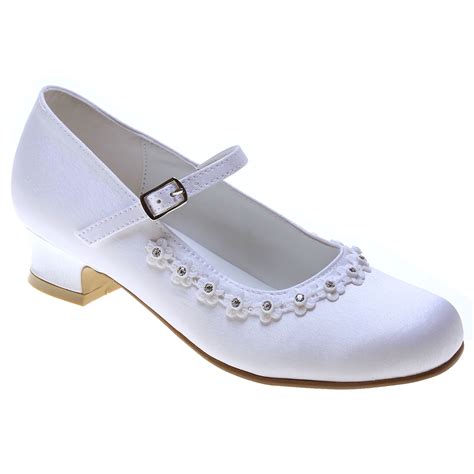 Girls White Satin Shoes With A Rim Of Diamantes For First Holy