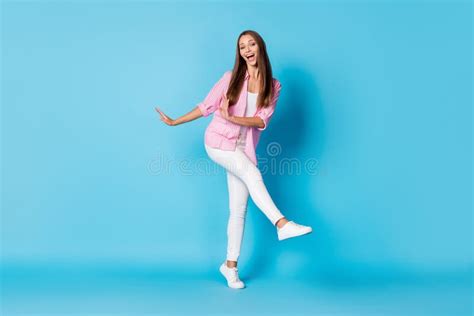 Photo Of Crazy Funky Lady Dance Open Mouth Wear Pink Striped Shirt