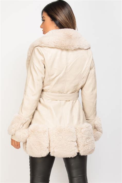 Womens Cream Faux Leather Belted Jacket With Faux Fur Trim Vegan