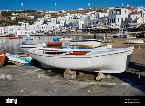 Boat At The Dock Mykonos Cyclades Islands Greece Stock Photo Alamy
