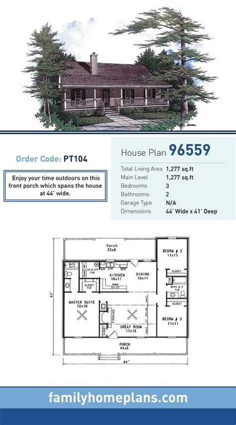 One Story Country Cabin Home Plan With 1277 Sq Ft 3 Beds And 2 Baths