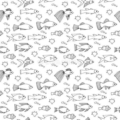 Sea Fish Seamless Pattern Vector Illustration Hand Drawing Doodles