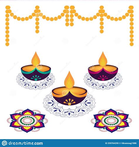 Diwali Decoration With Diya And Rangoli Stock Illustration