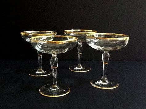 Crystal Gold Trimmed Champagne Coupe Glasses Set Of 4 Mid Etsy