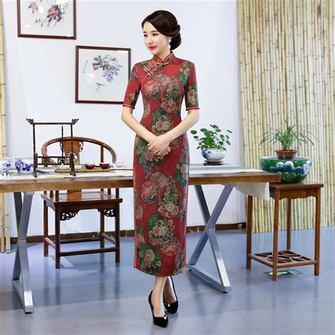 vintage women elegant cheongsam mandarin collar chinese dress autumn lady vestidos floral long