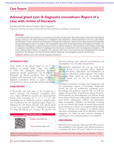 Pdf Adrenal Gland Cyst A Diagnostic Conundrum Report Of A Case With Review Of Literature